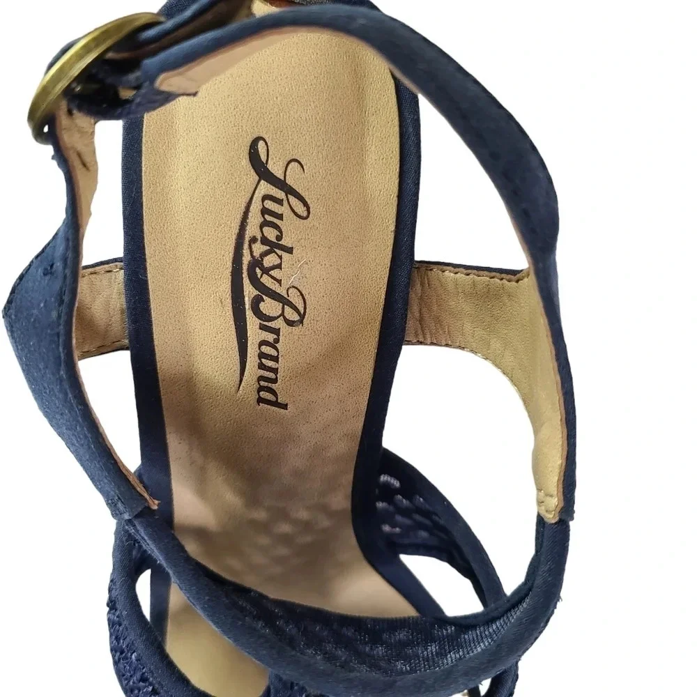 Lucky Brand Navy‎ Lace wood heel high wedge sandal shoe Women's size 7.5